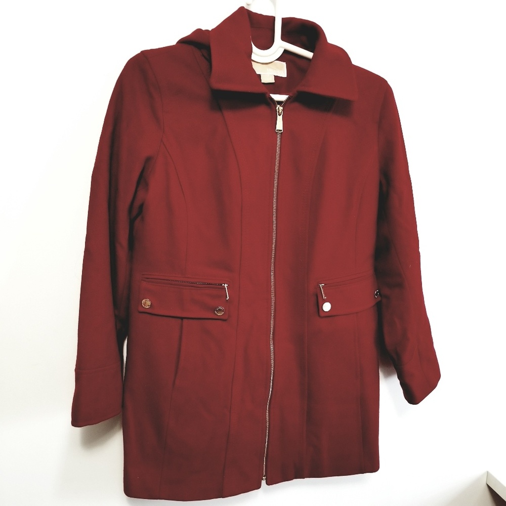 Michael Kors Red Hooded Walker Coat Jacket L -H7